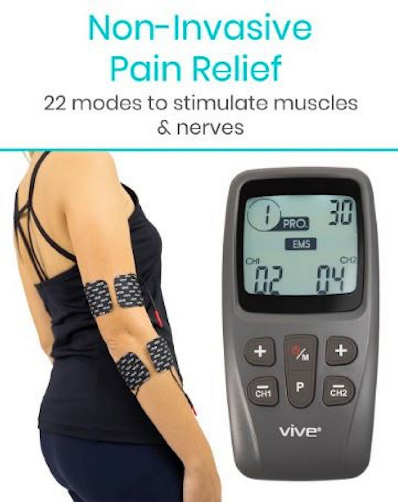 VIVE Health EMS TENS Unit Muscle Stimulator w/ Electrodes RHB2026GRY NIB NEW