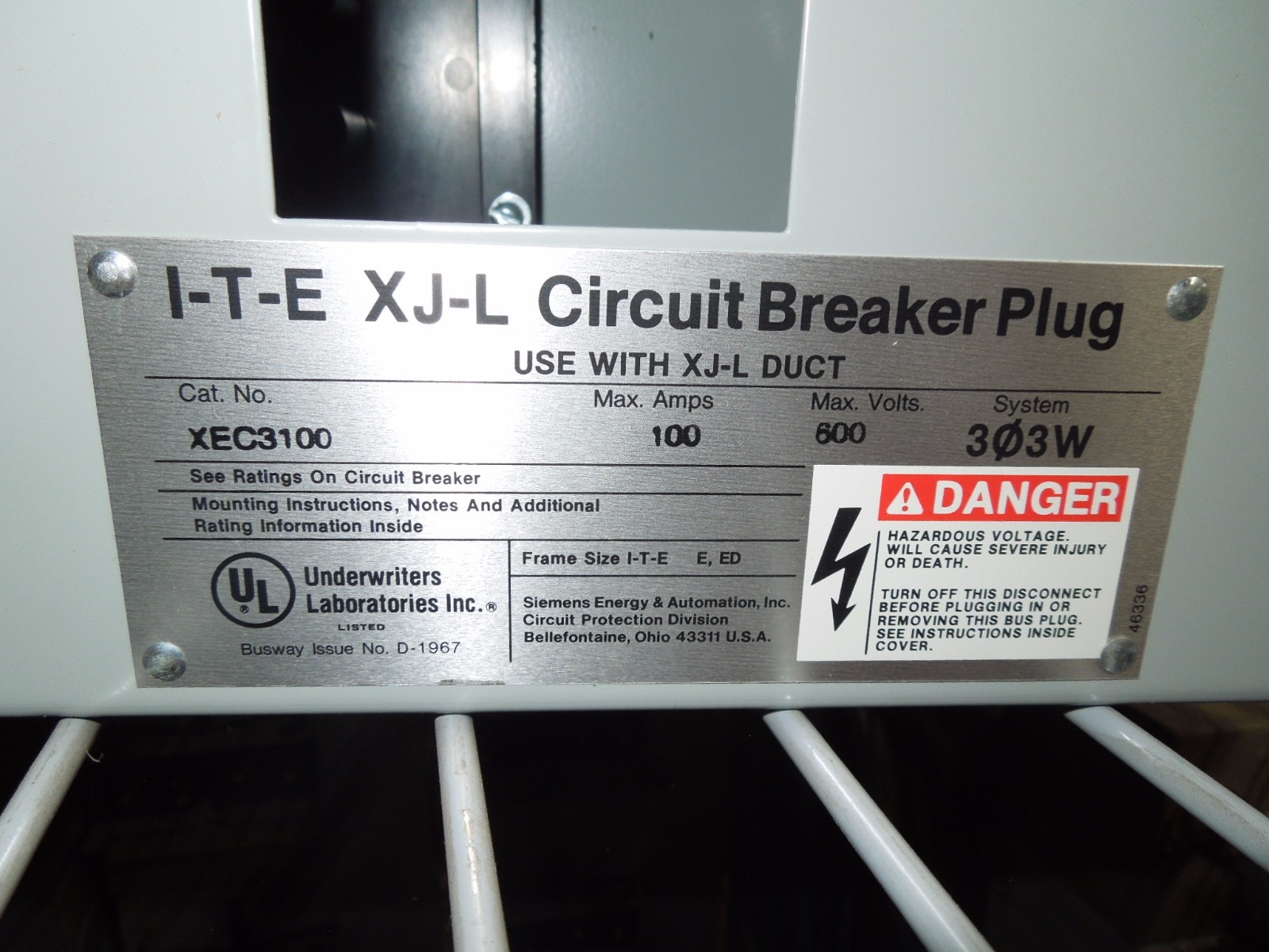 Siemens XEC3100 100A 3ph 3W 600V ITE XJ-L Busway System Plug New