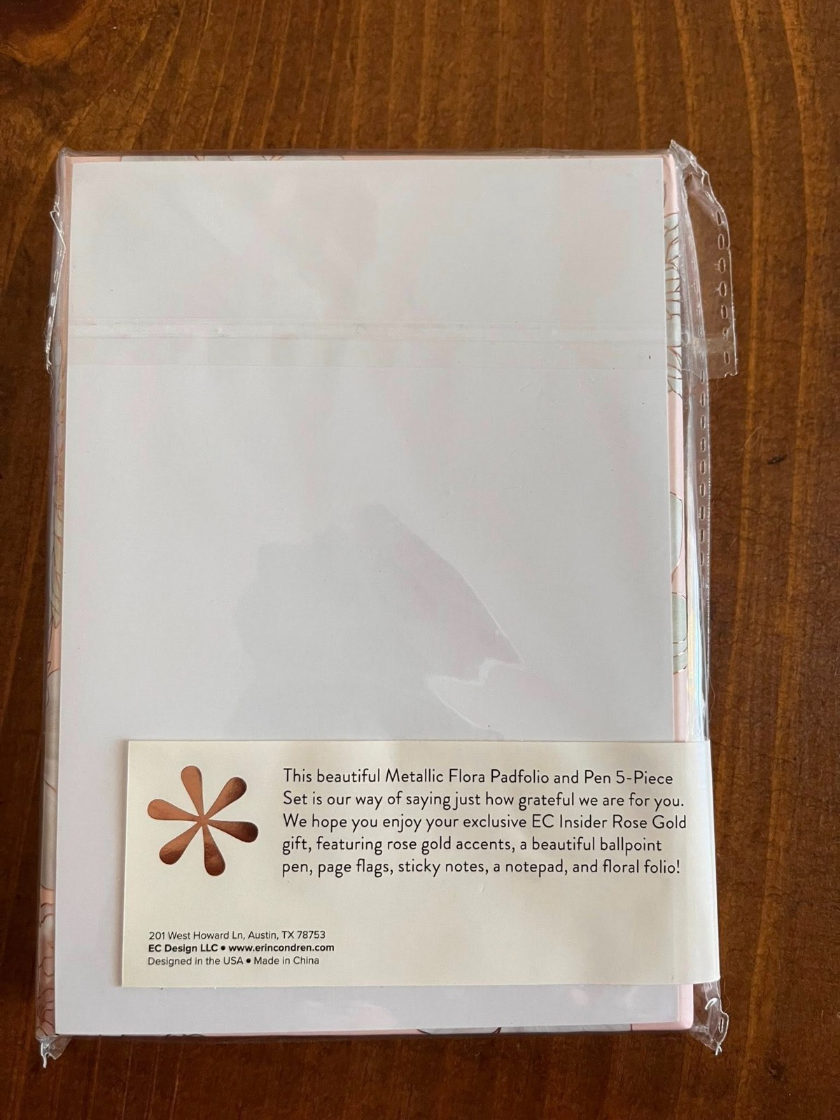 Erin Condren Rose Gold Gift. Metallic Floral Padfolio and Pen. New, Never Used.