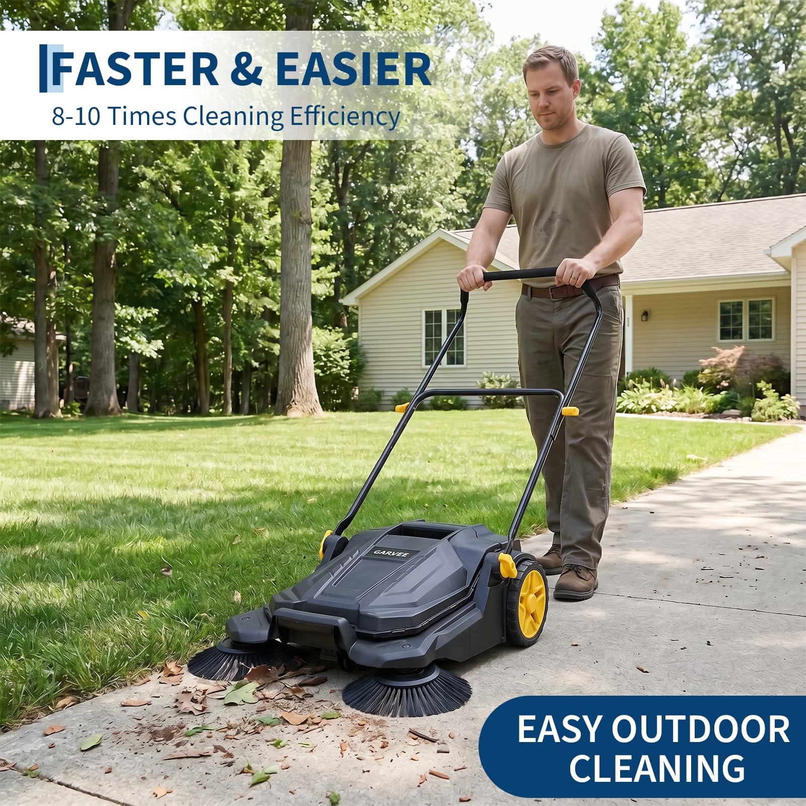Garvee Walk Behind Hand Push Floor Sweeper 25.6″ Width 5 Gallon Waste Container