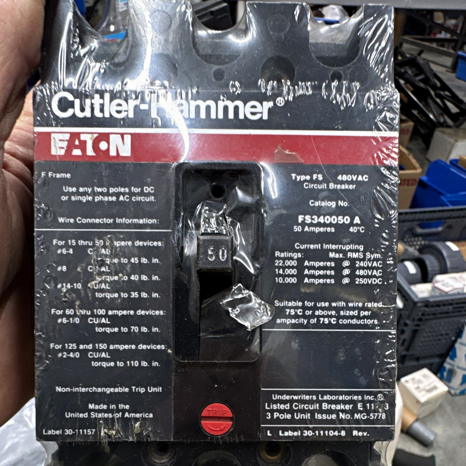 Cutler-Hammer Eaton Type FS Circuit Breaker 50A 3P 480VAC FS340050A Trip