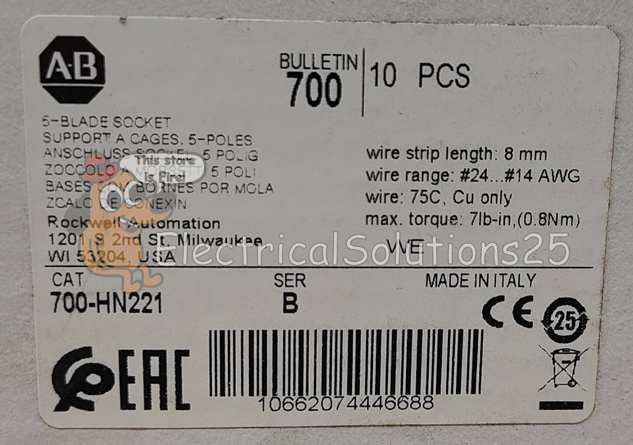 New Allen-Bradley 700-HN221 relay socket for 700-HK 1-pole relays – Free Ship