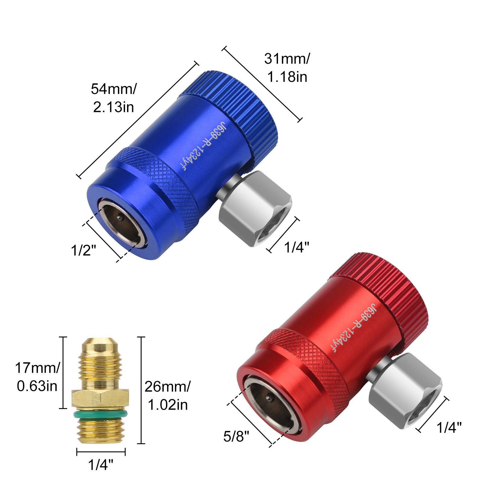 R1234YF Quick Coupler Adapter & 1/4″ Flare Fitting, Adjustable HP & LP Connector