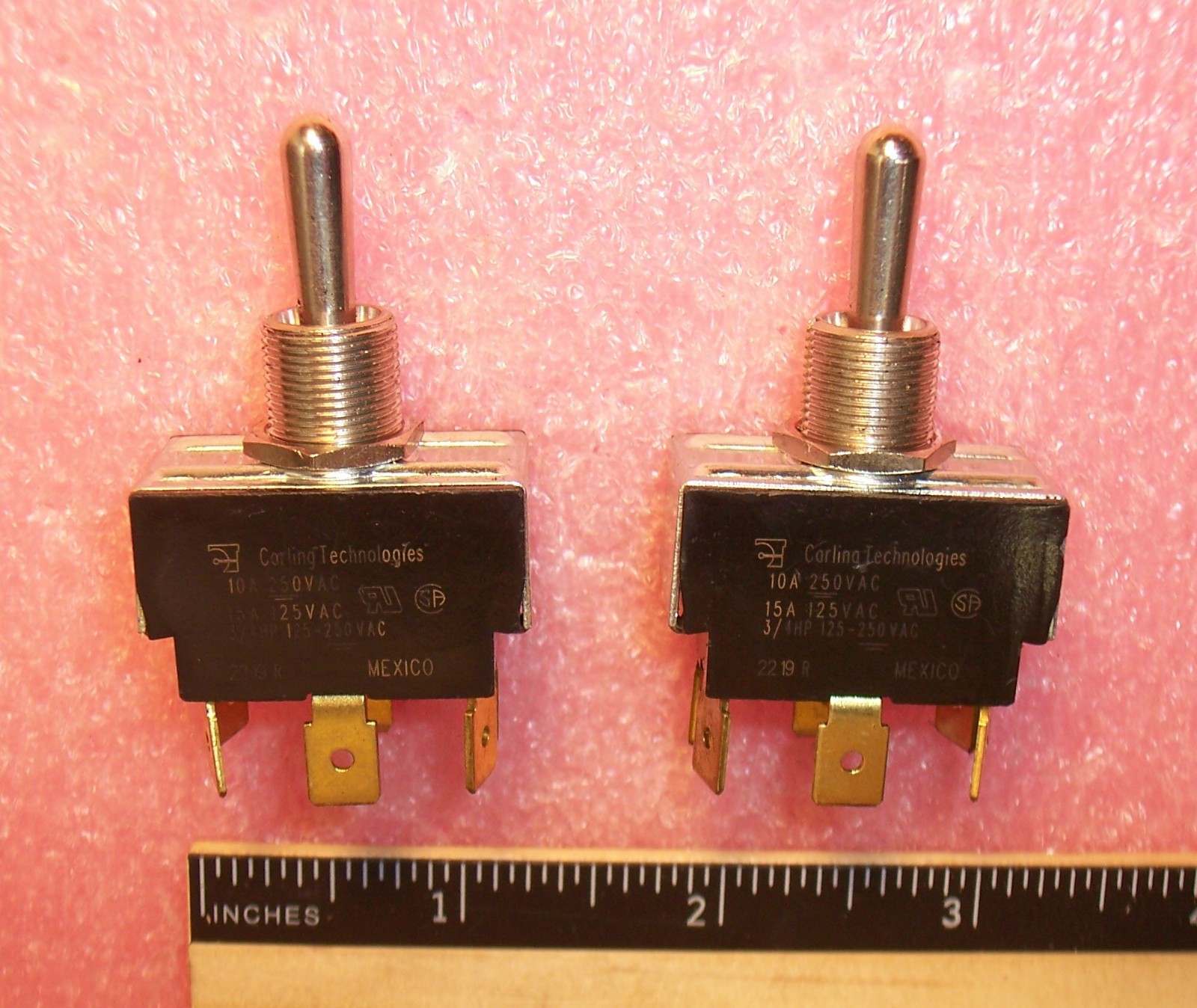 QTY (2) 2219R CARLING MOMENTARY TOGGLE SWITCHES DPDT-N.O. 10A/250Vac, 15A/250Vac
