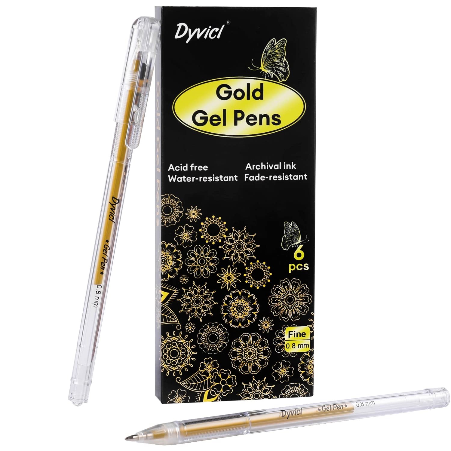 6 PCS Metallic Gold Gel Pens 0.8mm Fine Point Ink Black Paper Art Drawing