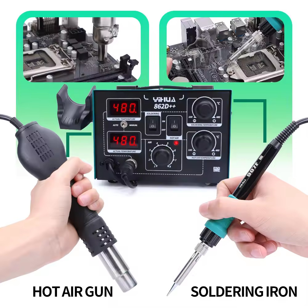 YIHUA 862D++ Soldering Station 750W Digital 2-in-1 Hot Air + Iron Rework Station
