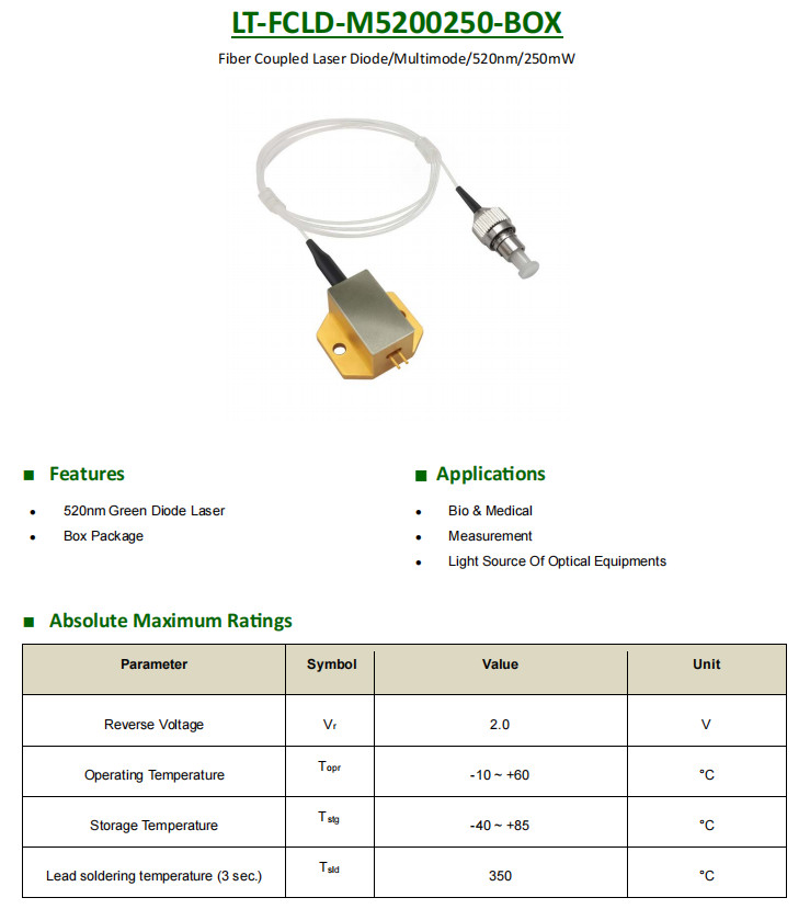 MultiMode 520nm/525nm Fiber Coupled Laser Diode Fiber Core Diamete 50μm/100μm