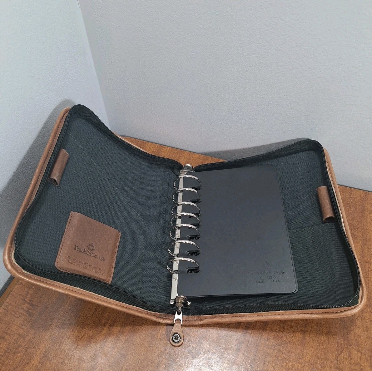 Vtg Franklin Covey Planner Green Canvas Tan Leather Trim 8×10 Full Zip Closure