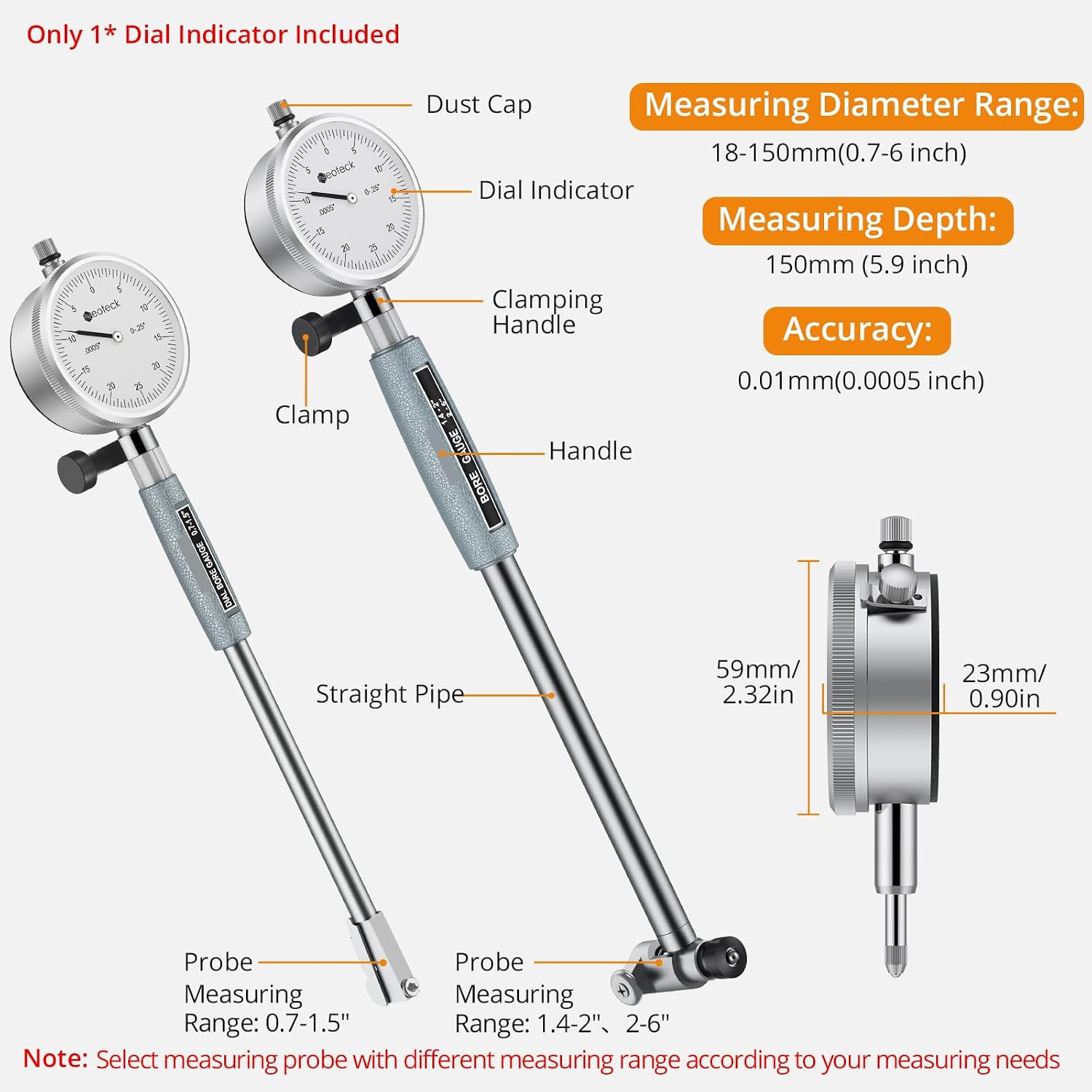 Dial Bore Gauge with 0.7″-6″/0.0005″ Measuring Range and 6″ Measuring Depth Dial