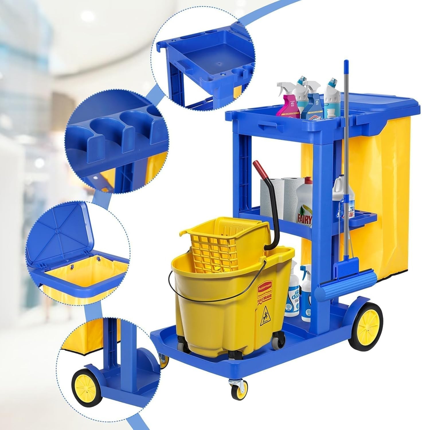 Commercial Janitorial Cart, 3-Shelf Housekeeping Cart with 22 Gallon Vinyl Bag