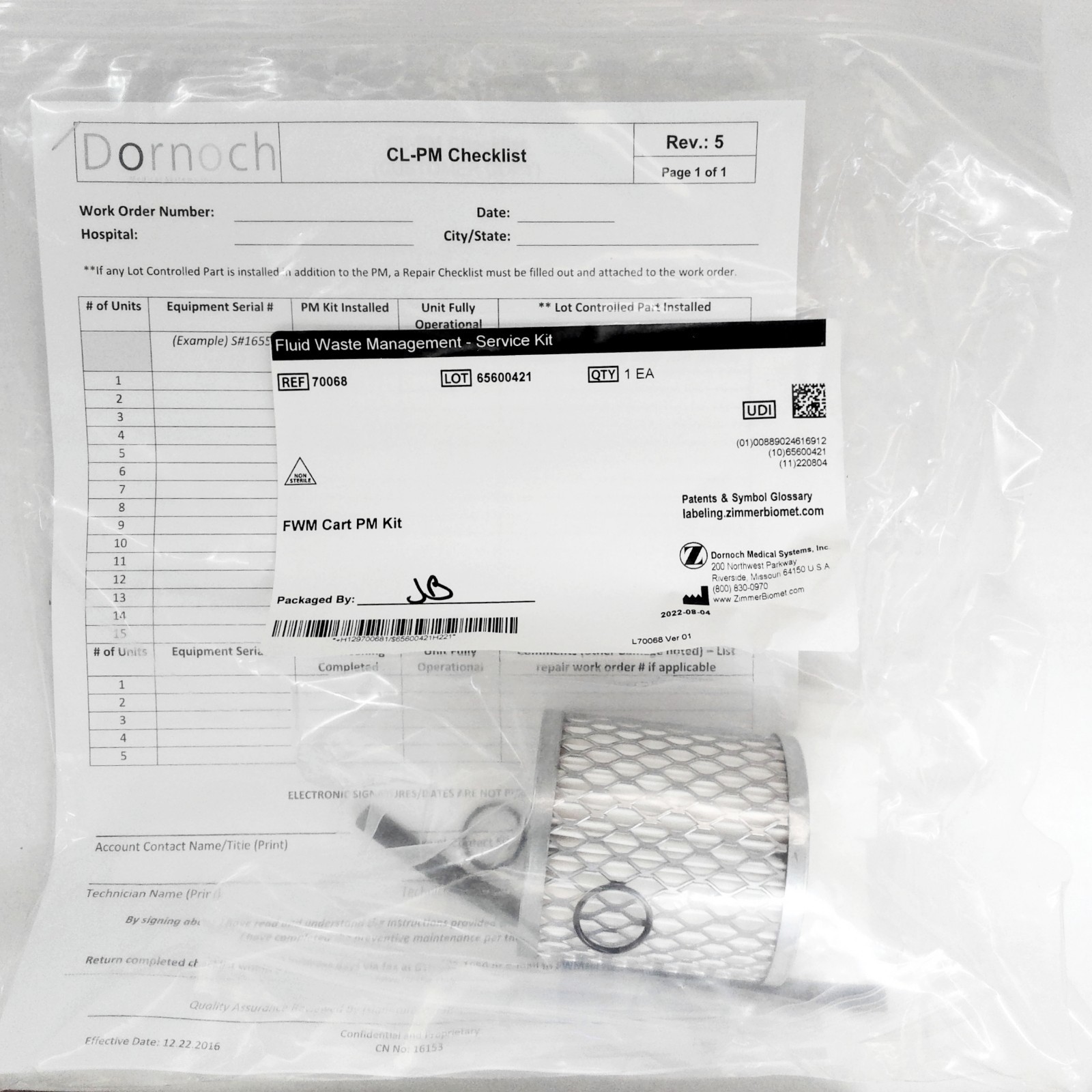 Zimmer Biomet 70068 IntelliCart FWM Cart PM Kit Fluid Waste Management Service