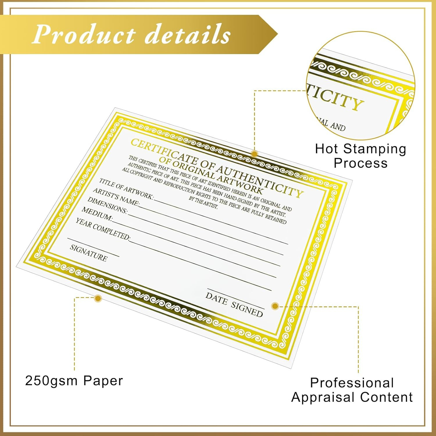 25 Pcs 5 X 7 Inch Certificate of Authenticity for Original Artwork Gold Foil Pre