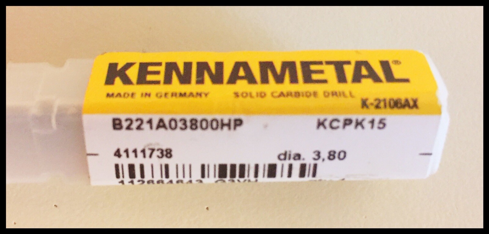 Kennametal B221A03800HP 3.800MM KCPK15 8X Ø Dynapoint Carbide Drill TiAlN COATED