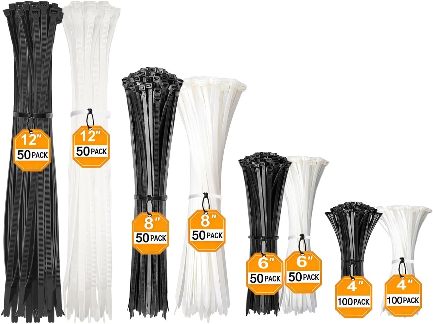 Cable Zip Ties 500 Pack Black And White Zip Ties Assorted Sizes 4/6/8/12 Inch