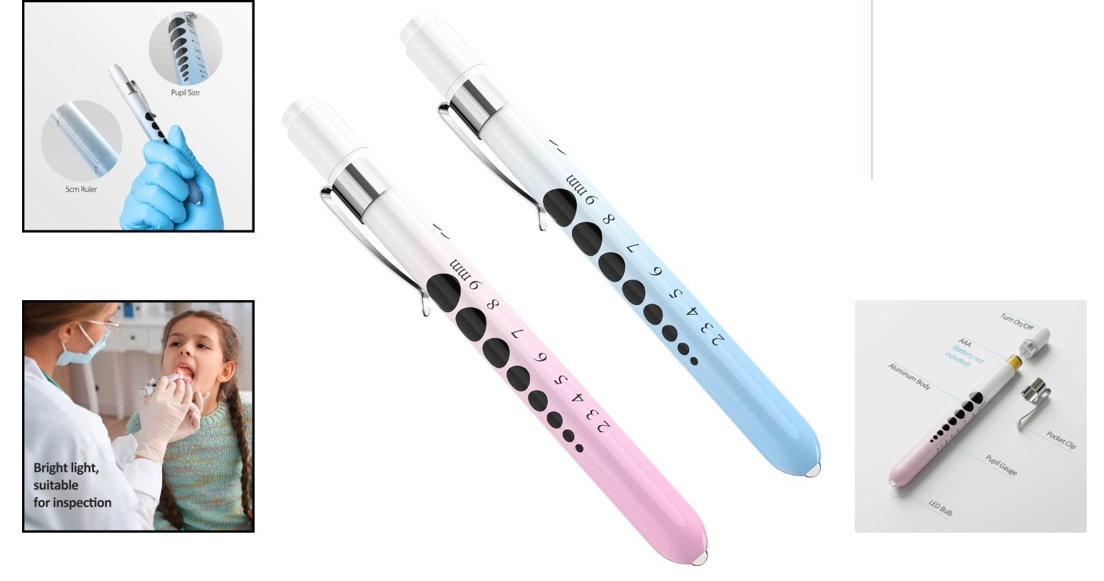 2 Pcs Durable LED Medical Penlight with Pupil Gauge – Gradient Pink & Blue