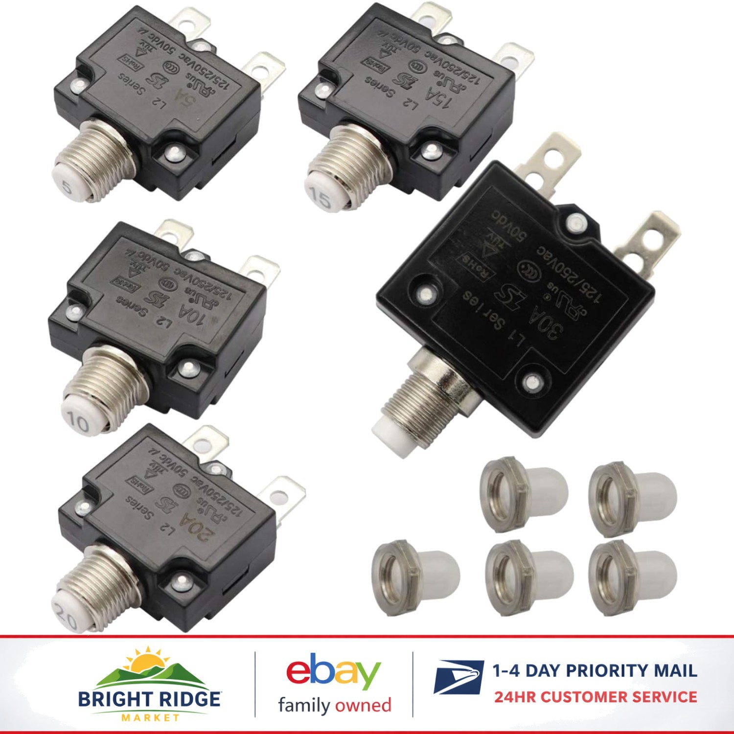 5-Piece Circuit Breaker Set with Push Button Reset for Automotive and Marine Use