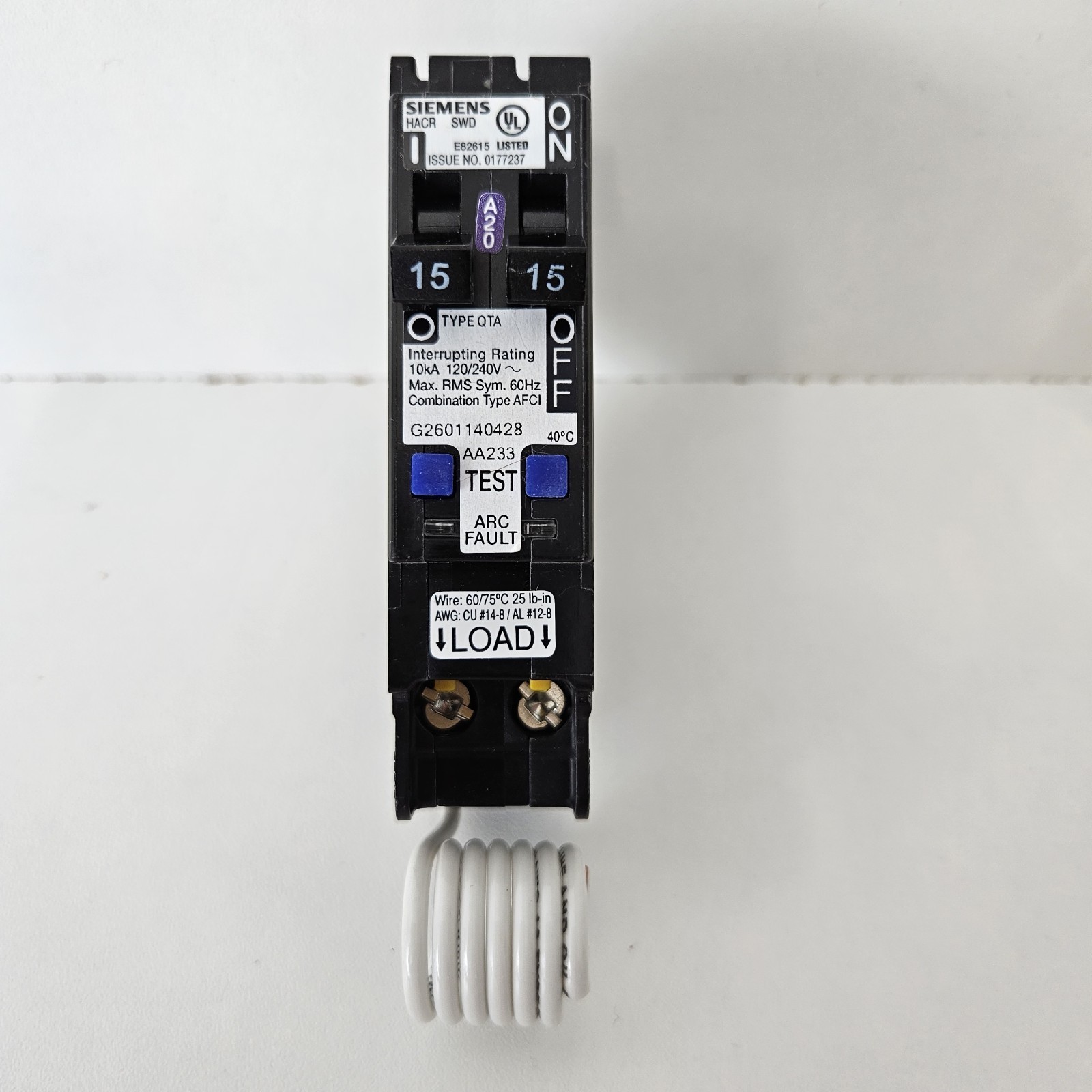 Siemens Q1515AFC Circuit Breaker 15-Amp 1-Pole AFCI Tandem Arc Fault Circuit NEW