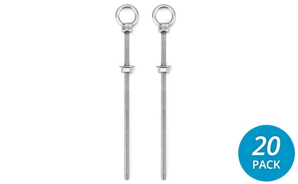 20 Pack 1/4″ x 6″ Stainless Steel Eyebolts, Marine Grade Shoulder Eye Bolts, Coa