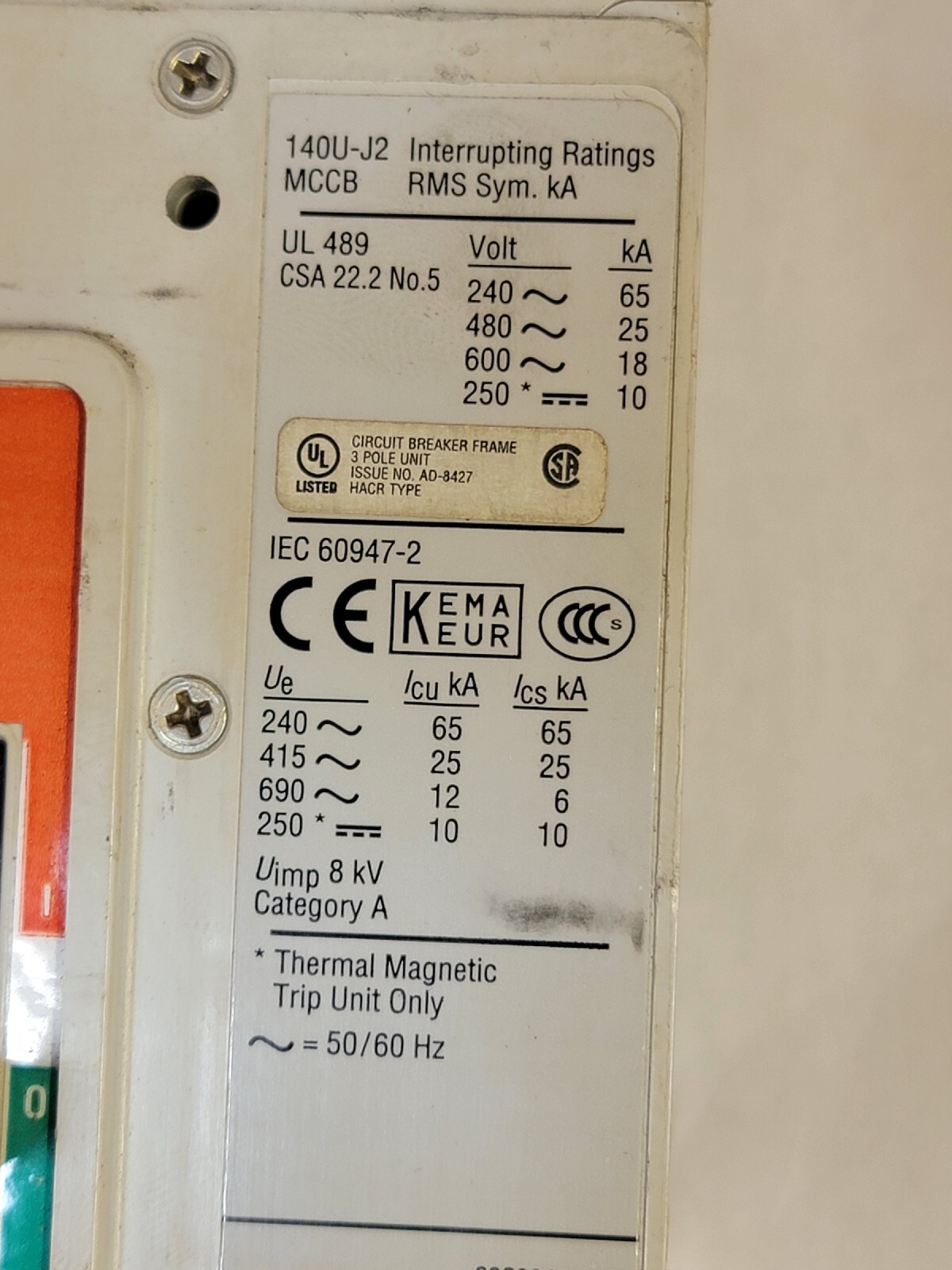 Allen Bradley 140U-J2D3-D20 200A, 3P, Molded Case, J Frame, Assembled with Trip