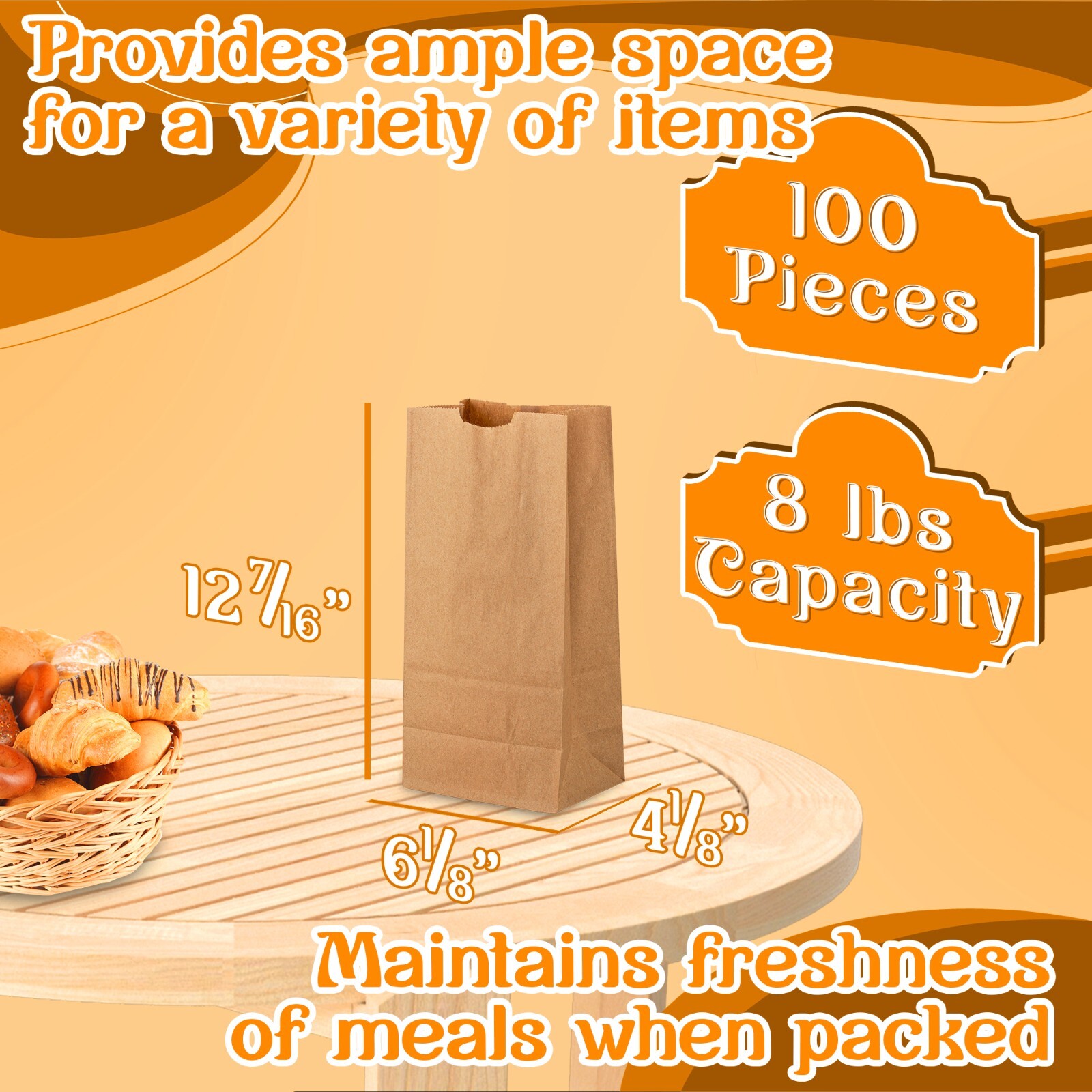 MT Products Brown Paper Bags – 8 lb Disposable Paper Lunch Bags – Pack of 100