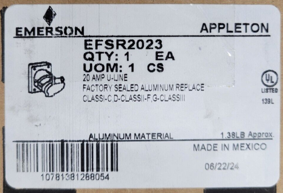Appleton EFSR2023 U-Line 20A Factory Sealed Receptacle Class I II III Div 1 & 2