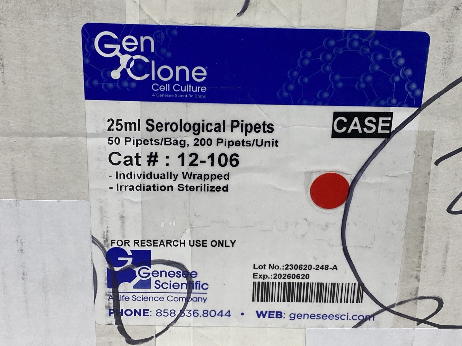 (200/Cs) GENESEE GenClone 25mL Graduated Serological Pipets 50/Bag 12-106