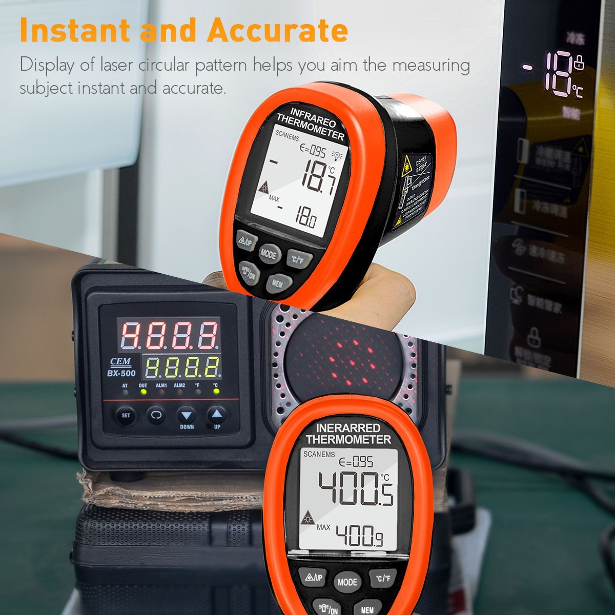 Laser IR Thermometer Non-Contact 16:1 Adjustable Emissivity MAX/MIN/AVG