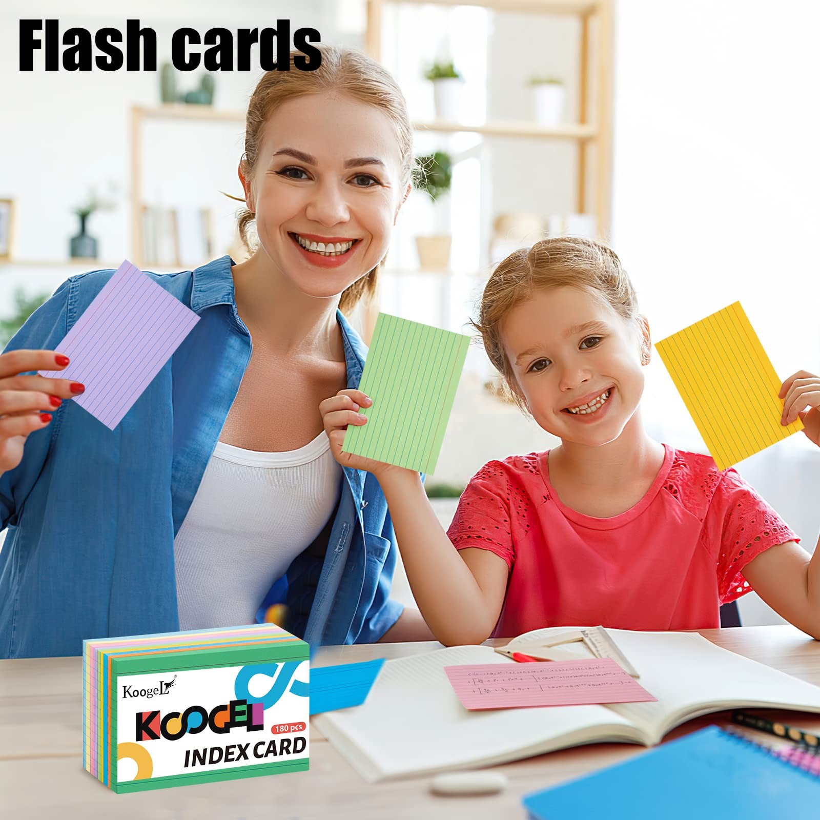 Koogel Index Cards 4×6 Inch, 180 Count, Colored Large Flash 4×6, Multicolor