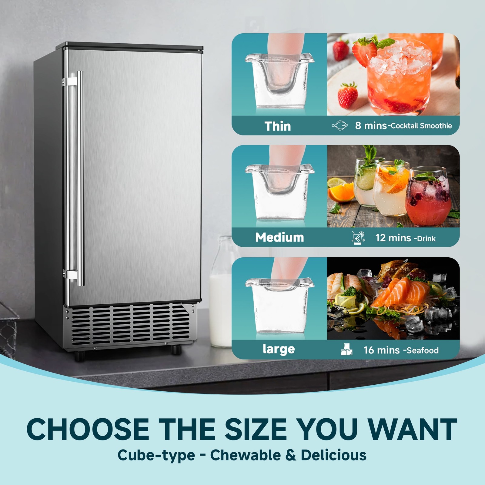 80lbs/24H Undercounter Commercial Ice Maker, Freestanding/Built-In / Clear Cube