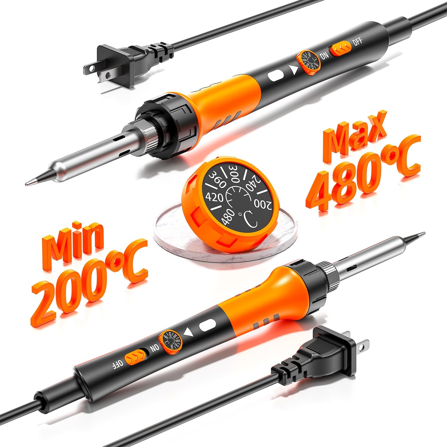 60W Adjustable Temperature Soldering Iron Kit – 9-in-1 With 5 Tips, Orange