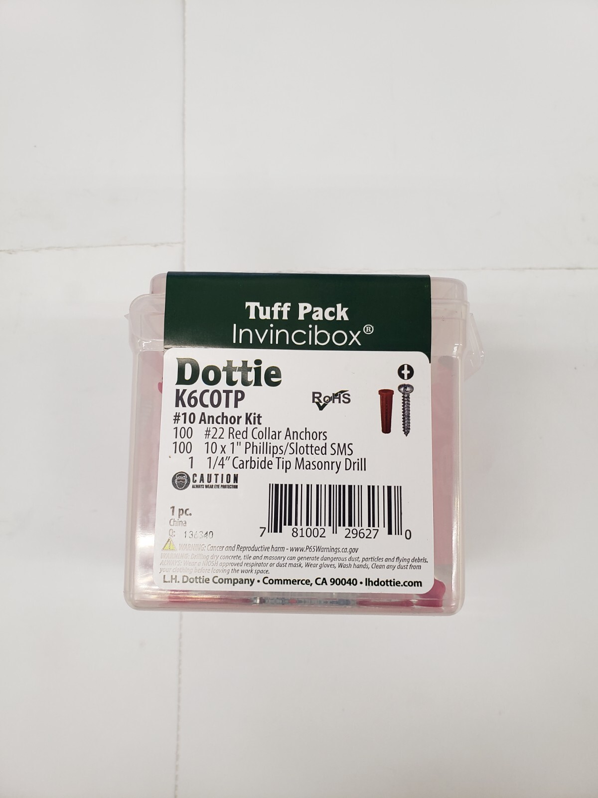 Bx/100 L.H. Dottie K6COTP Anchor Kit #22 Anchor, 10×1″ Machine Screw, 1/4″ Drill