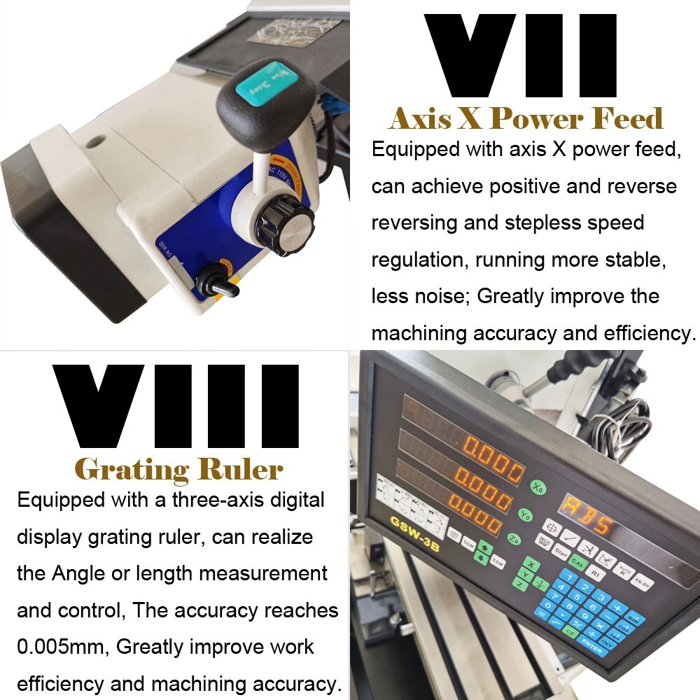 Benchtop Mill/Drill Machine with Grating Ruler Axis X Power Feed 110V R8 1100W