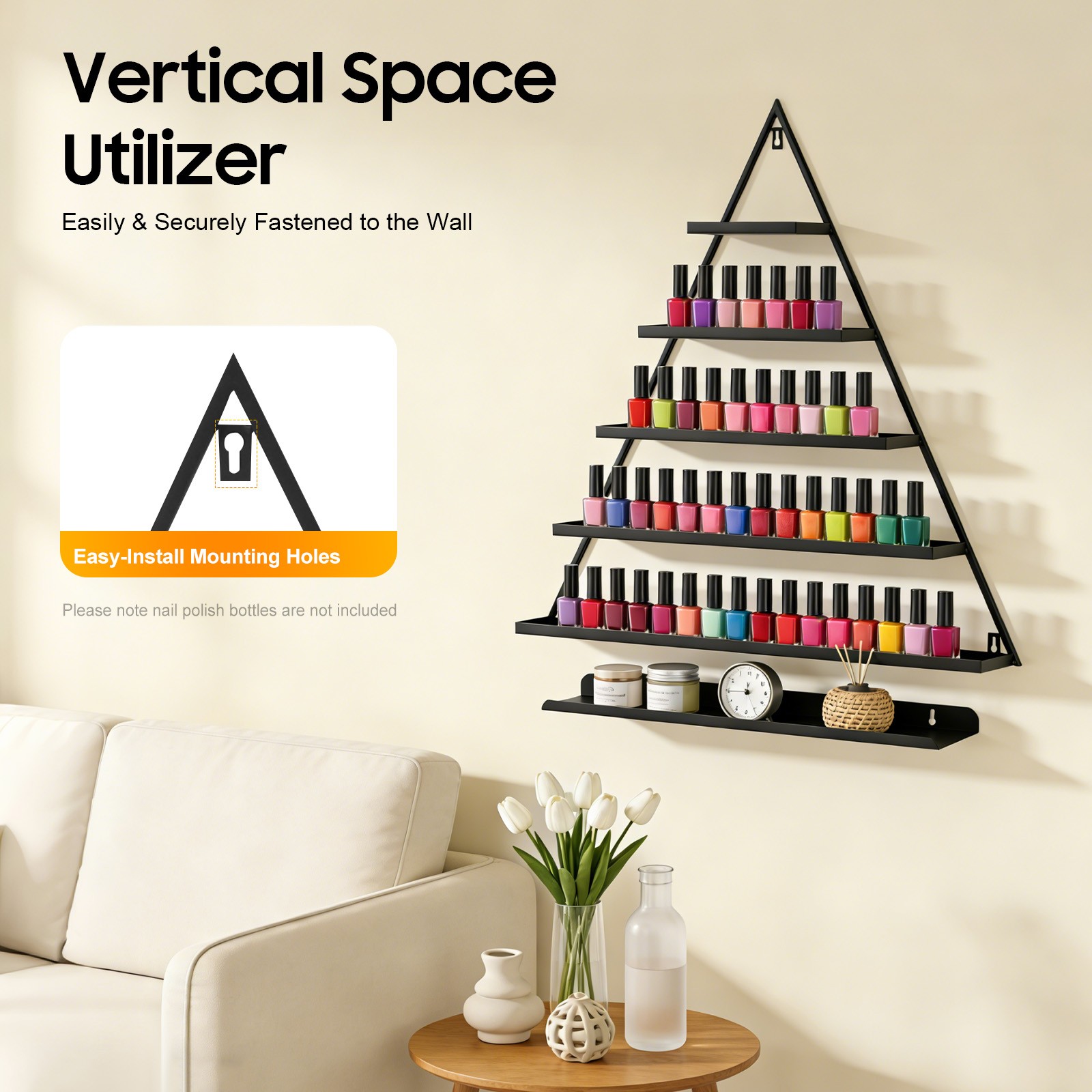 5 Tiers Metal Triangle Nail Polish Display Racks Black Wall-Mounting Shelf Kit