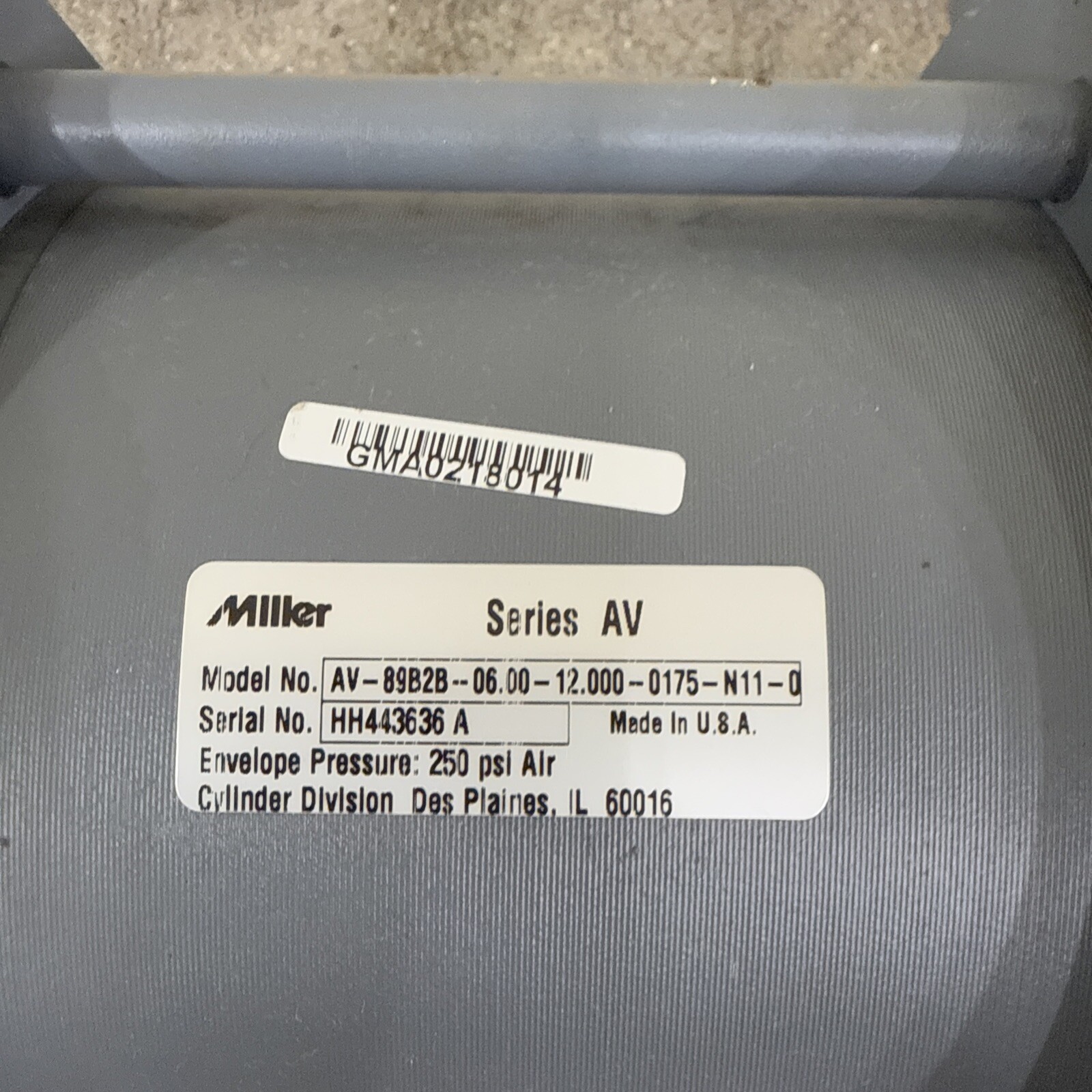 Miller AV-89B2B-06.00-12.000-0175-N11-0 Series AV Pneumatic Air Cylinder 250 PSI