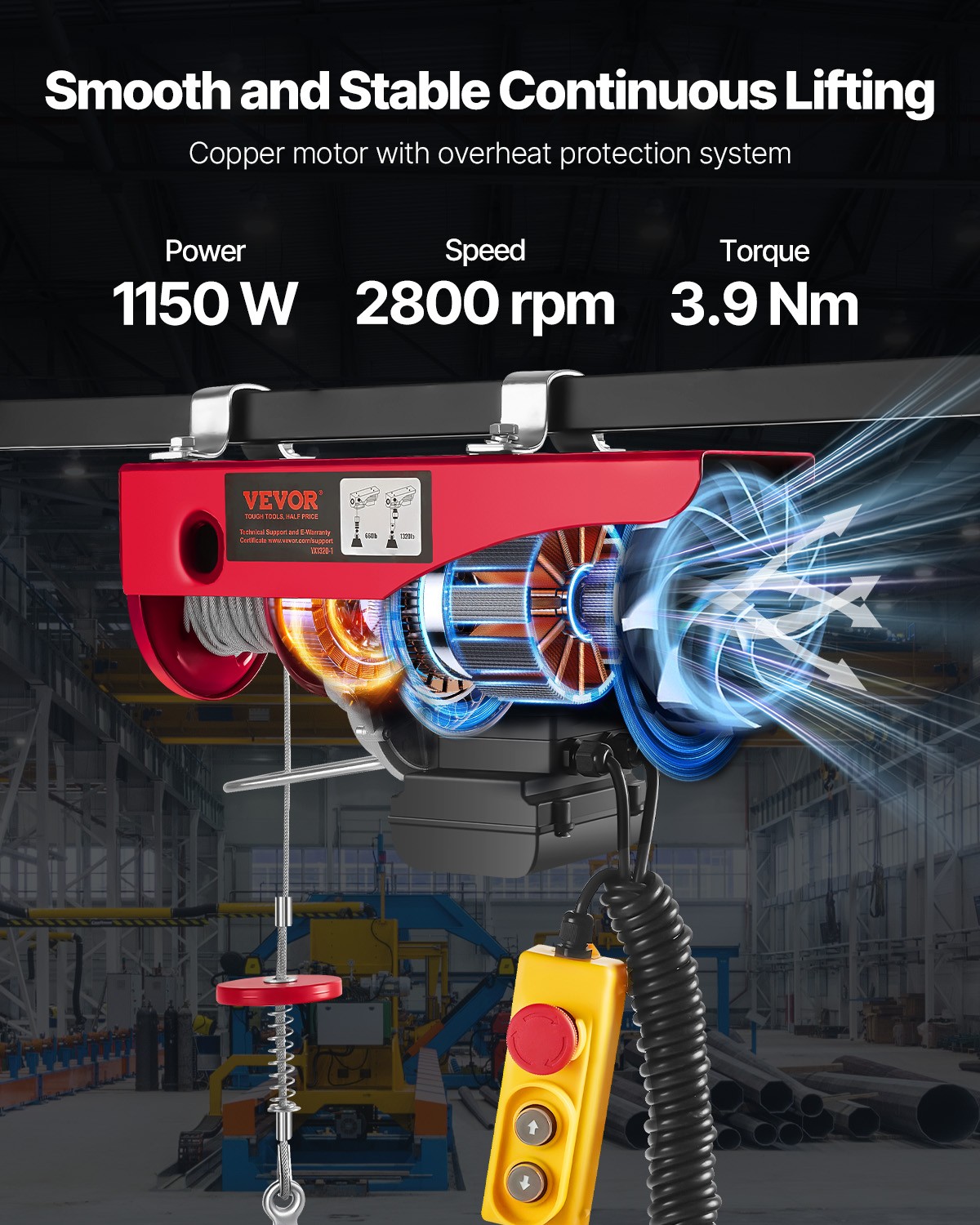 Electric Hoist 1320lbs Crane Winch with Wired Remote Control 1150W 110V