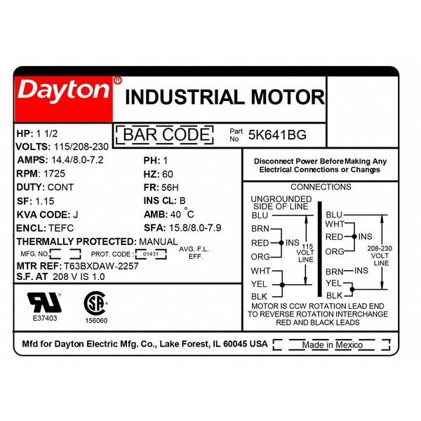 Dayton 5K641 Capacitor-Start/Run General Purpose Motor, 1 1/2 Hp Hp,