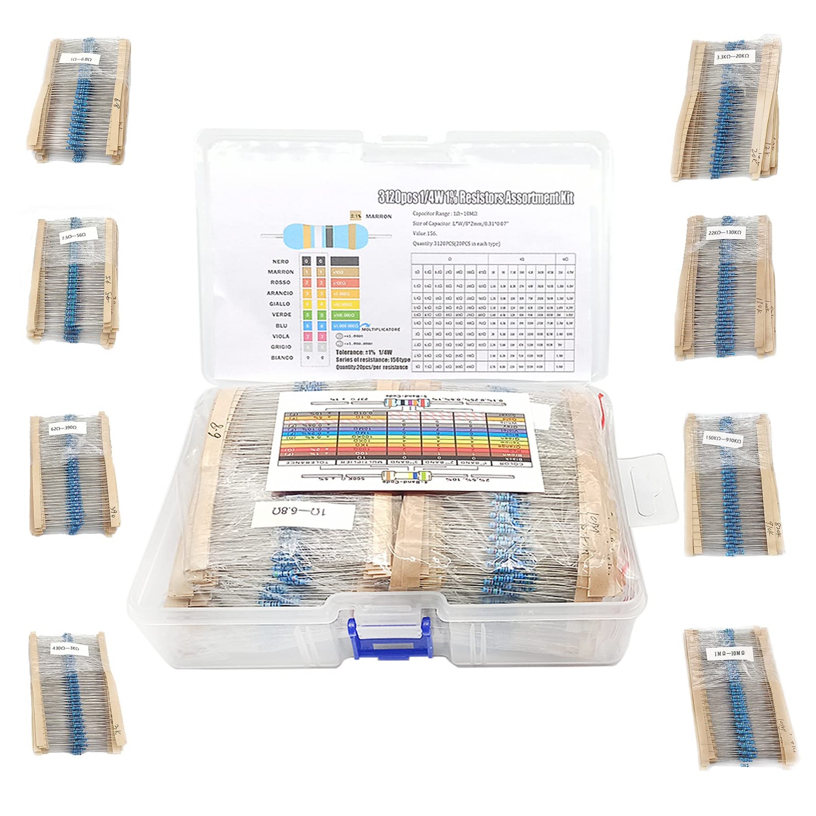 3120pcs 156 Values Metal Film Resistor Kit 1 Ohm-10M Ohm 1/4W 0.25 watt ±1% …