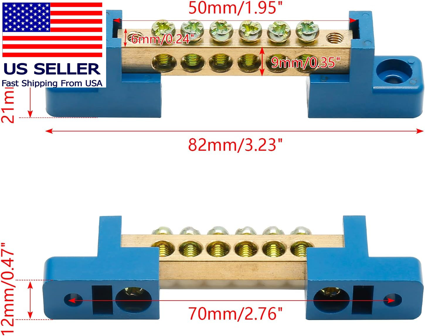 2Pcs Ground Bus Bar Terminal Block, Terminal Positions Wire Screw Terminal Brass