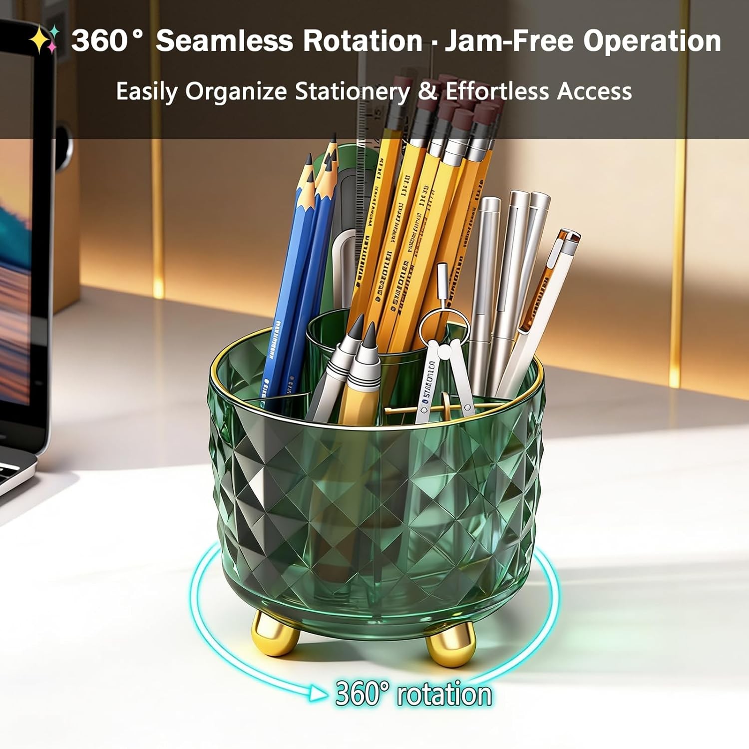 Dark Green Pen Pencil Holder for Desk, 360° Rotating Pen Organizer, Green Office