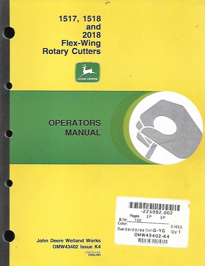 JOHN DEERE 1517, 1518 AND 2018 FLEX-WING ROTARY CUTTERS OPERATORS MANUAL