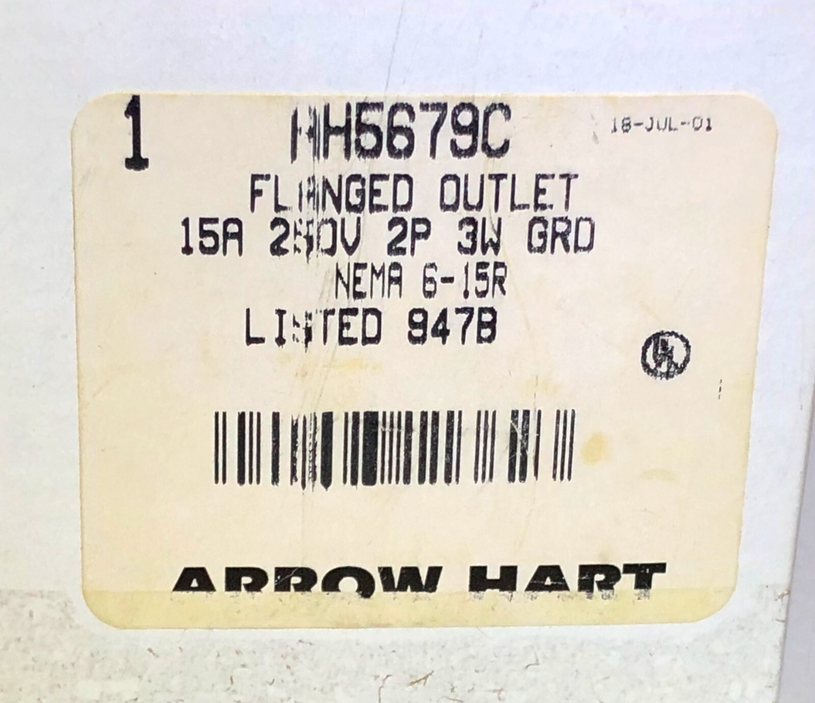 Arrow Hart 5679C Electrical Receptacle Flanged Outlet 15A 250V 2P 3W NEMA 6-15R