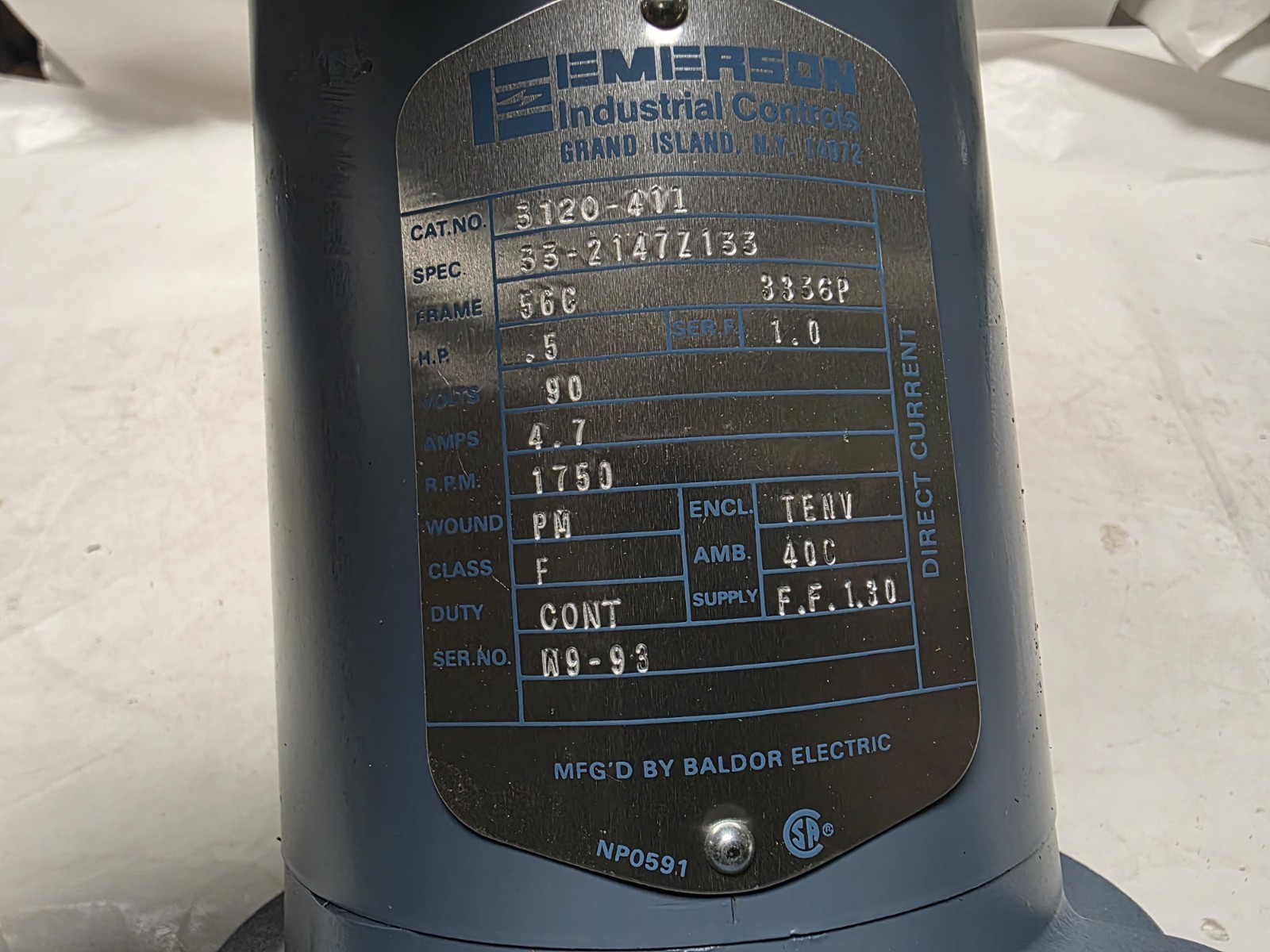 Baldor / Emerson Cat. 3120-411 1/2 Hp. DC Electric Motor 56C Fr. 90 V. 1750 rpm