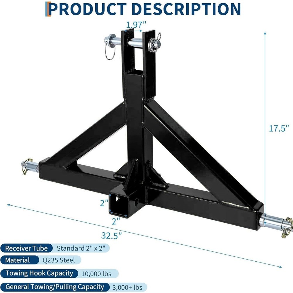 3-Point Quick Hitch 2″ Trailer Receiver For Category 1 Tractors Drawbar Attach