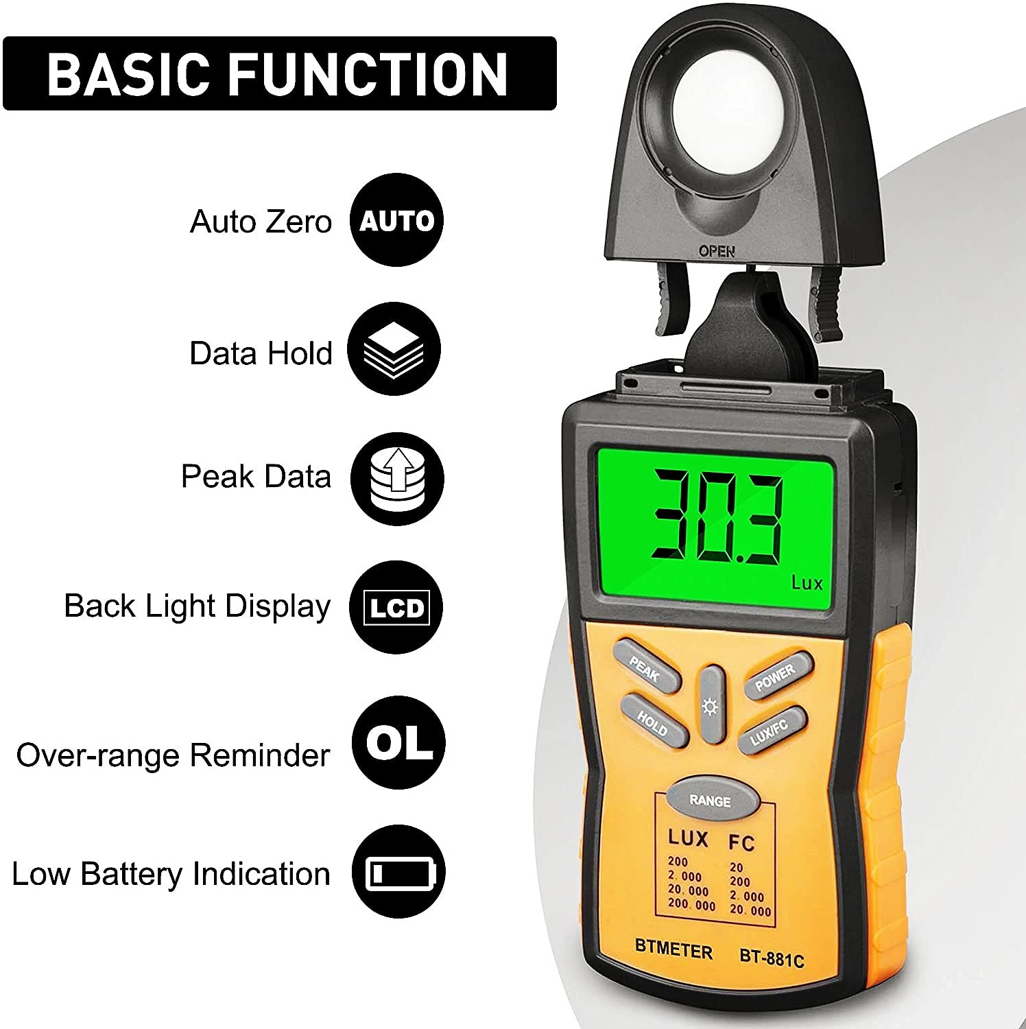 1 Pack BT-881C Digital Light Meter, 0.1-200000 Lux, Lumen, FC, Photometer