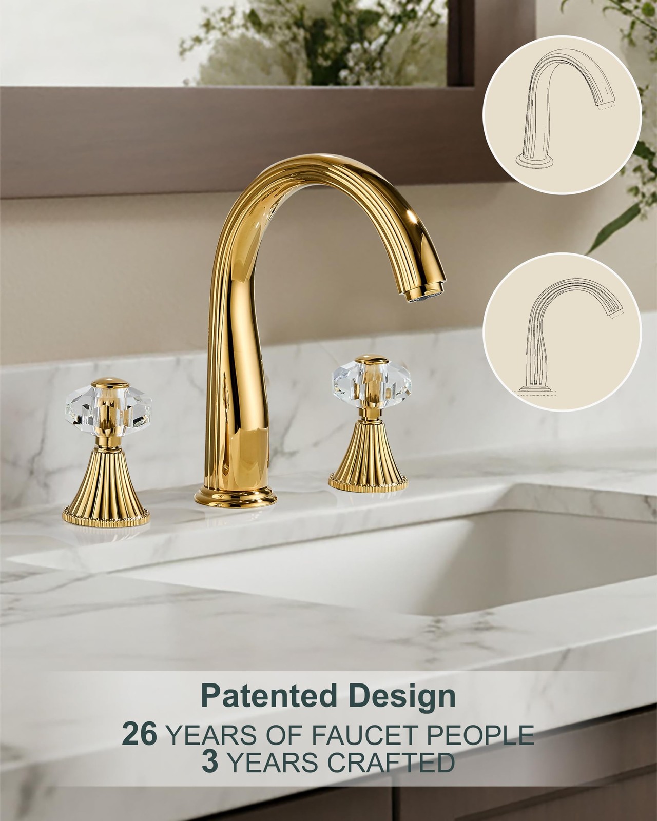 Gold Crystal 3 Hole 8 Inch Brass 2 Handle 2 Tone Widespread Bathroom Faucet Set