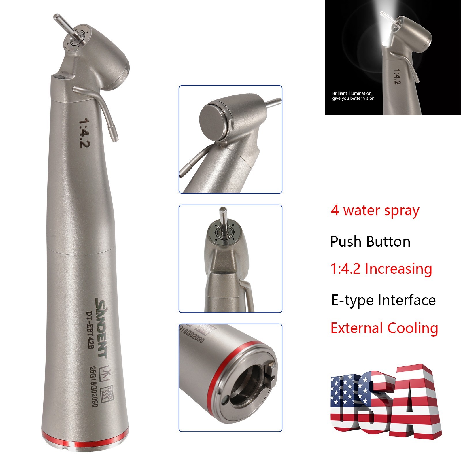 SANDENT Handpiece LED 1:4.2 Contra Angle 45° Surgical External Spray