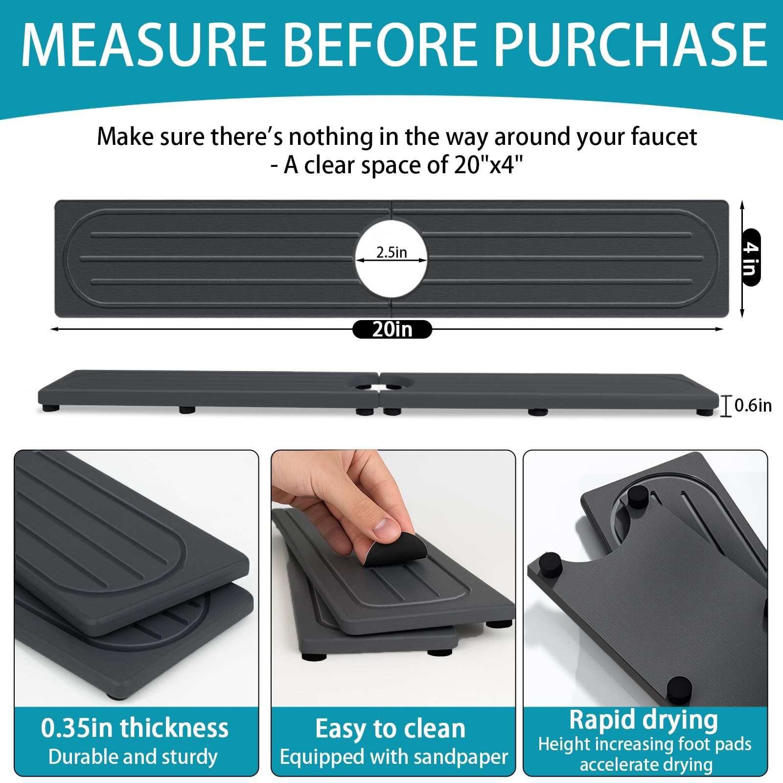 Fast Drying Stone Faucet Mat for Kitchen Sink 20″ x 4″, Dark Gray Style 1