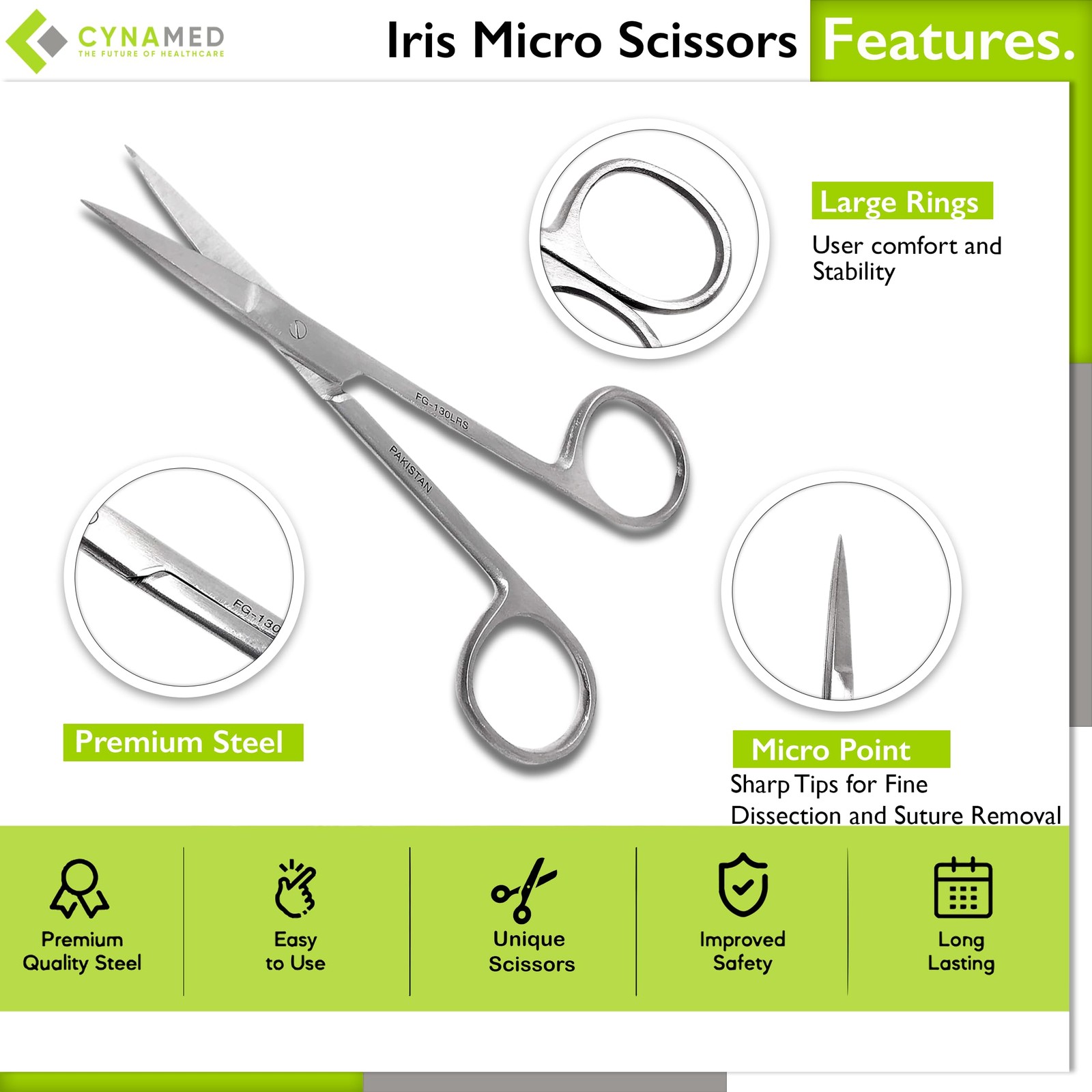 Cynamed Iris Micro Dissecting Precision Lab Scissors, Fine Point Straight -…