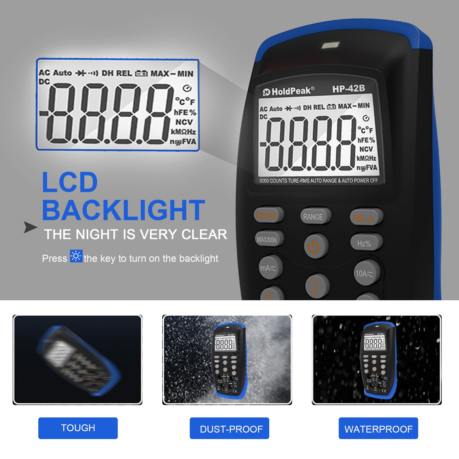 Digital Multimeter 6000C TRMS 600V 10A 60MΩ 200kHz Auto-Range NCV Data Hold