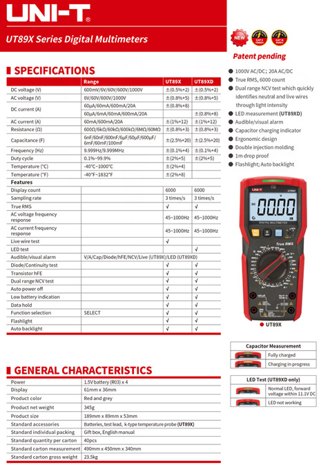 UNI-T TRUE RMS Digital Multimeter AC DC Volt Amp meter LED NCV Test Cap Ohm Freq